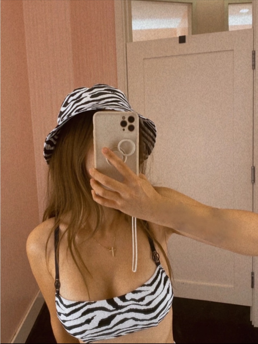 Victoria’s Secret Zebra print bikini top and bucket hat